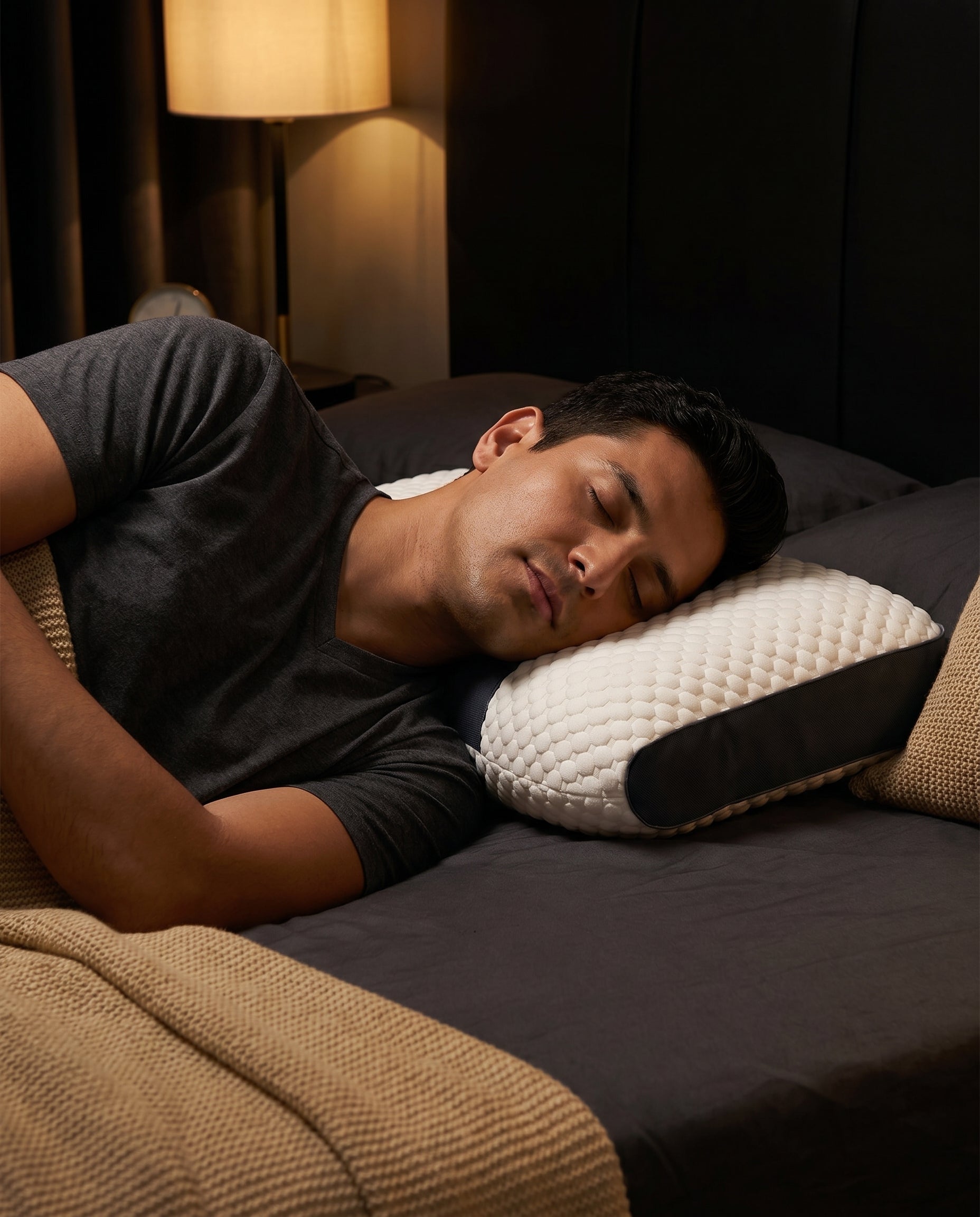 Almohada cervical en uso, cuello alineado
