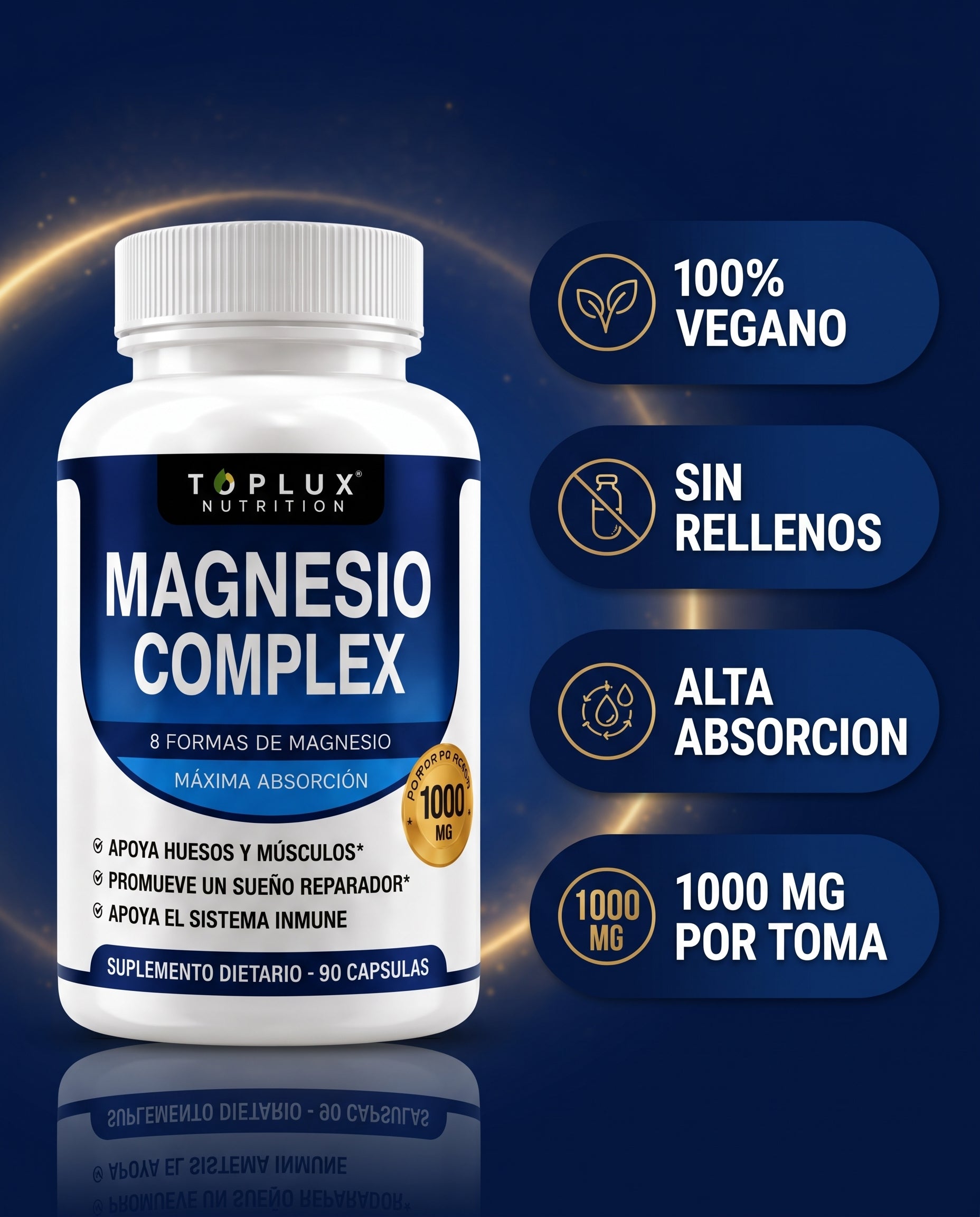 Magnesio Complex TOPLUX: 100% vegano, sin rellenos, alta absorción, 1000 mg